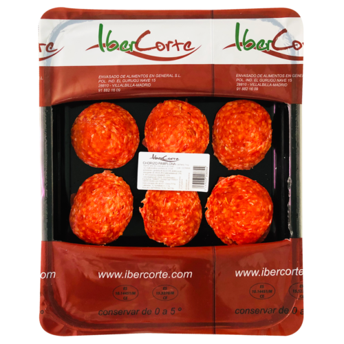 Bandeja de chorizo de pamplona loncheado y envasado en atmósfera protectora.<br>Formatos de 500 grs 1 kg y 2 kg