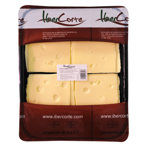 Bandeja de Queso emmental en lonchas cuadradas y envasado en atmósfera protectora.<br>Formatos de 500 grs 1 kg y 2 kg