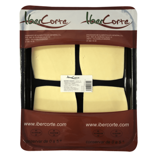Bandeja de Queso gouga en lonchas cuadradas y envasado en atmósfera protectora.<br>Formatos de 500 grs 1 kg y 2 kg