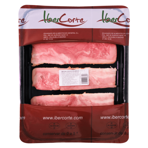 Bandeja de bacon cocido loncheada y envasada en atmósfera protectora.<br>Formatos de 500 grs 1 kg y 2 kg
