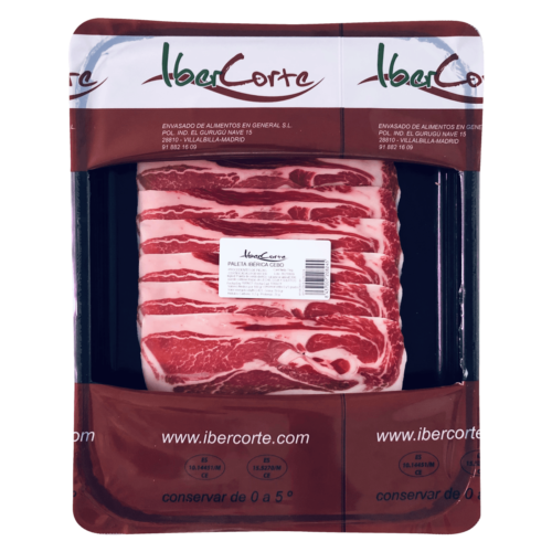 Bandeja de paleta ibérica loncheada y envasada en atmósfera protectora.<br>Formatos de 500 grs 1 kg y 2 kg