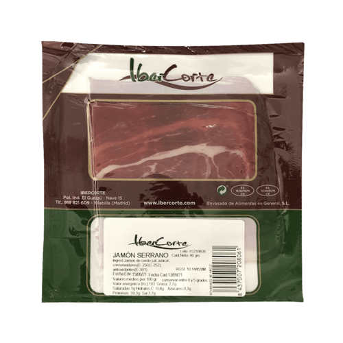 Jamón serrano envasado al vacío en sobres desde 25 a 80 gramos