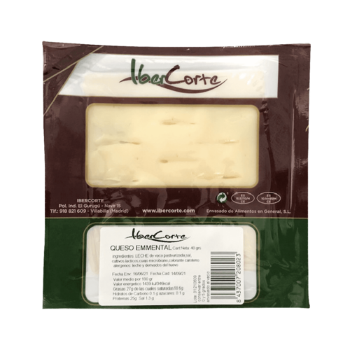 Queso emmental en loncha cuadrada y envasado al vacío en sobres de 40 gramos