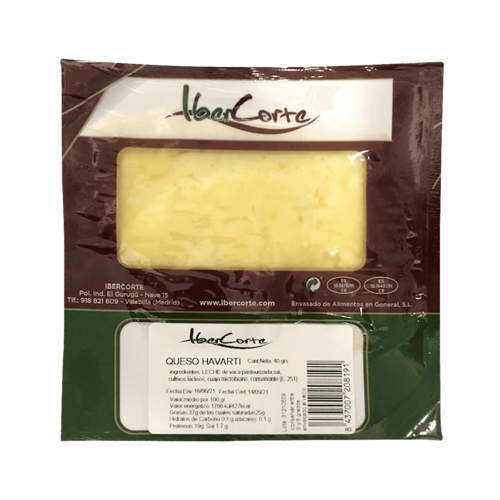 Queso havarti en loncha cuadrada y envasado al vacío en sobres de 40 gramos