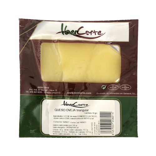 Queso oveja en loncha triangular y envasado al vacío en sobres de 40 gramos